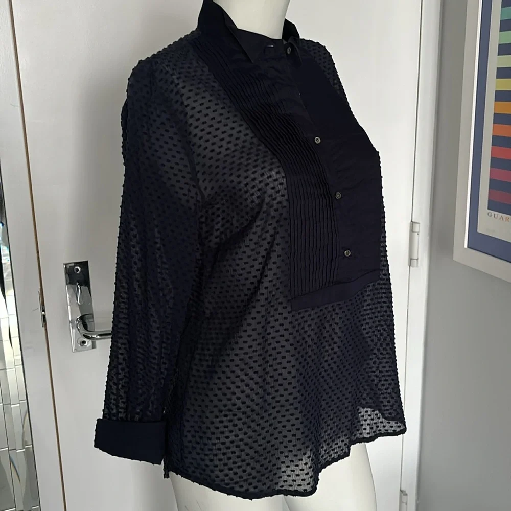 J. Crew Navy Pleated Swiss Dot Tuxedo Sheer Blouse - Picture 4 of 9